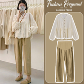 休闲甜美减龄上衣裤 孕妇套装 圆领衬衫 时尚 子两件套 春秋2026新款