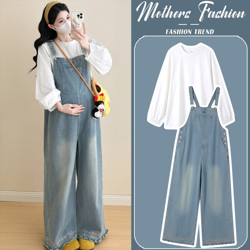 孕妇套装春秋2026新款复古水洗蓝不显怀宽松直筒牛仔背带裤两件套,孕妇装/孕产妇用品/营养,连衣裙,淘宝优惠券,粉丝福利购,淘宝优惠卷