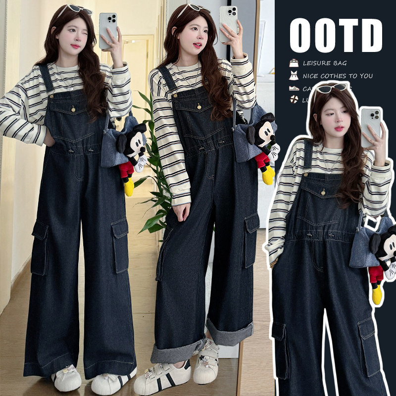 孕妇套装春秋2026新款宽松韩版牛仔工装背带裤条纹T套装休闲百搭