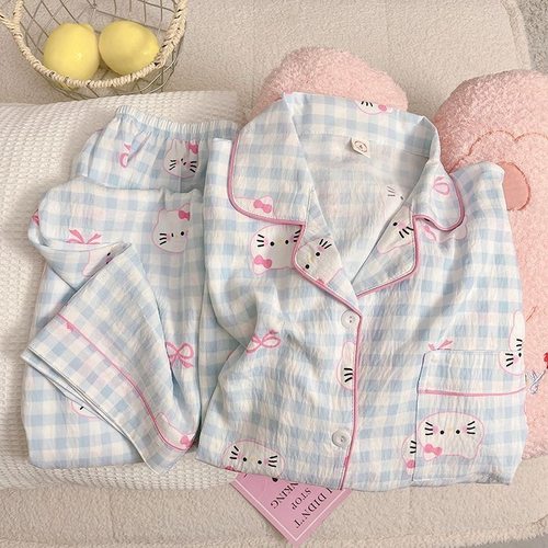 甜美卡通ins云朵棉睡衣女春夏季长袖长裤套装少女可爱宽松家居服