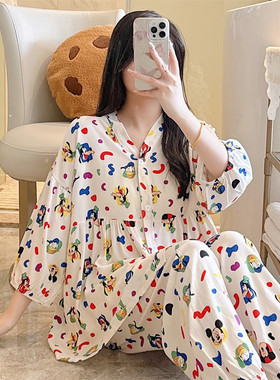 简约新款纯棉绸睡衣女七分袖长裤韩版加大加宽开衫两件套甜美家居