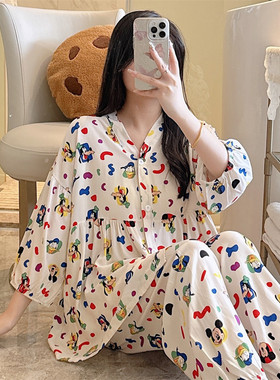 卡通棉绸睡衣女春夏季开衫七分袖家居服宽松大码网红风人造棉套装