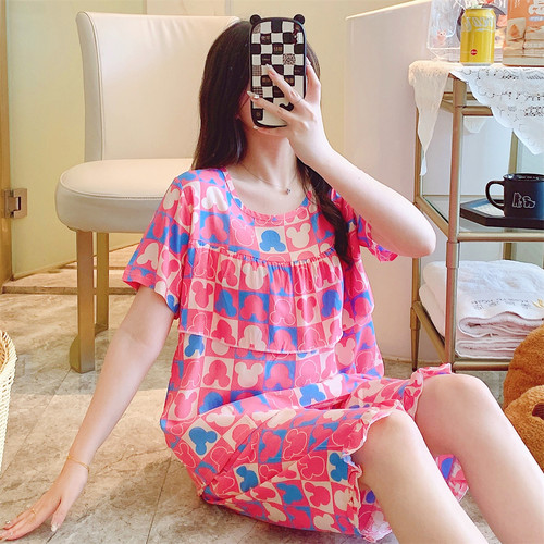 棉绸睡衣女夏季薄款短袖家居服宽松夏天凉快人造棉卡通可外穿套装