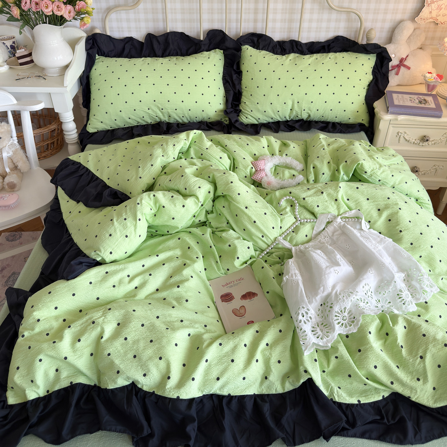 A类紫色蝴蝶结皱皱纱花边四件套床裙宿舍被套床单少女床上三件套4