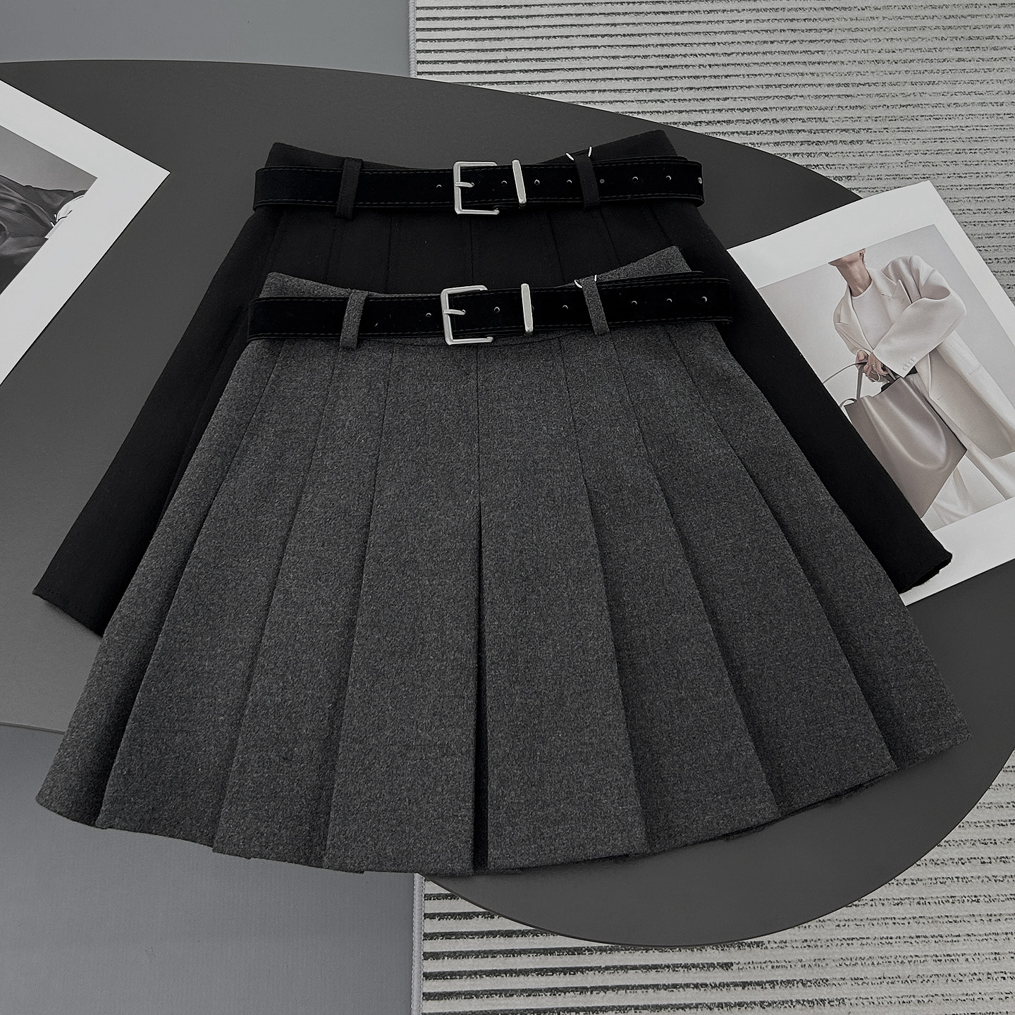 毛呢腰带短裙2025年秋冬百搭A字
