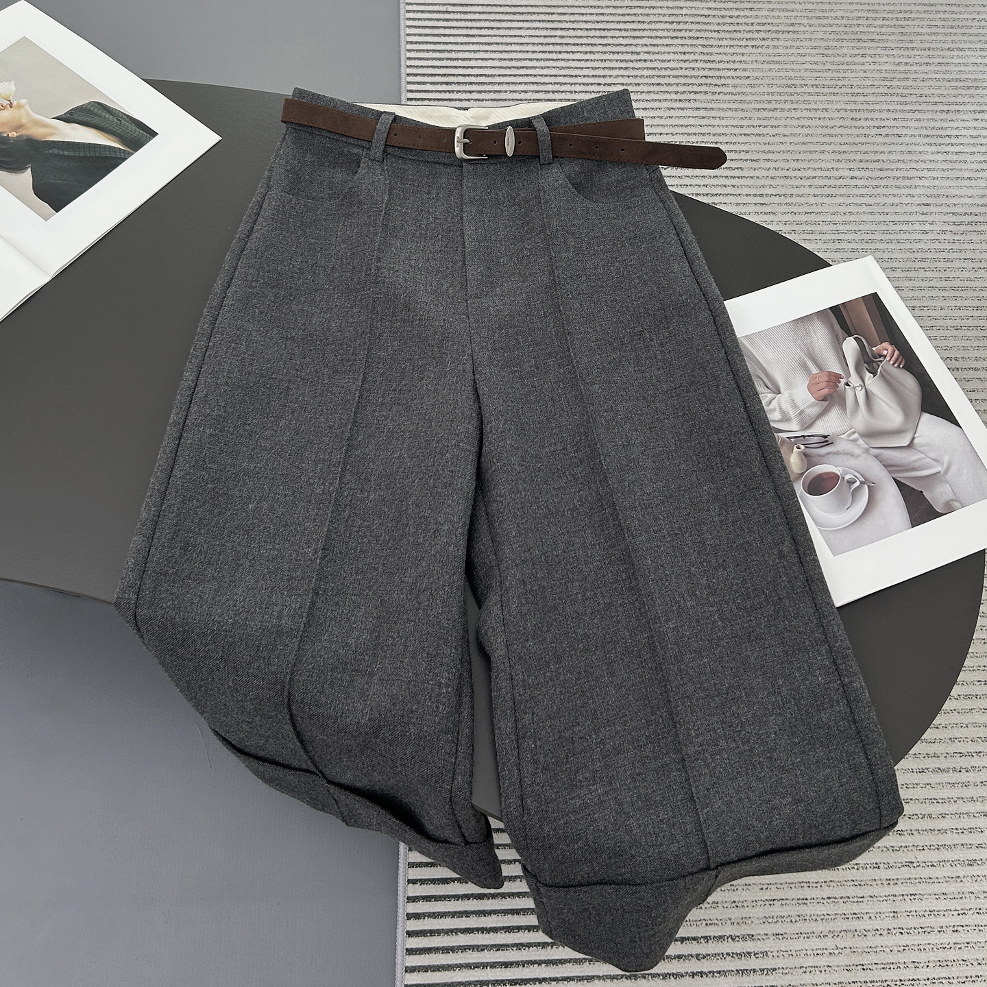 灰色毛呢七分裤子女秋冬季2025新款宽松高腰显瘦休闲裤黑色阔腿裤