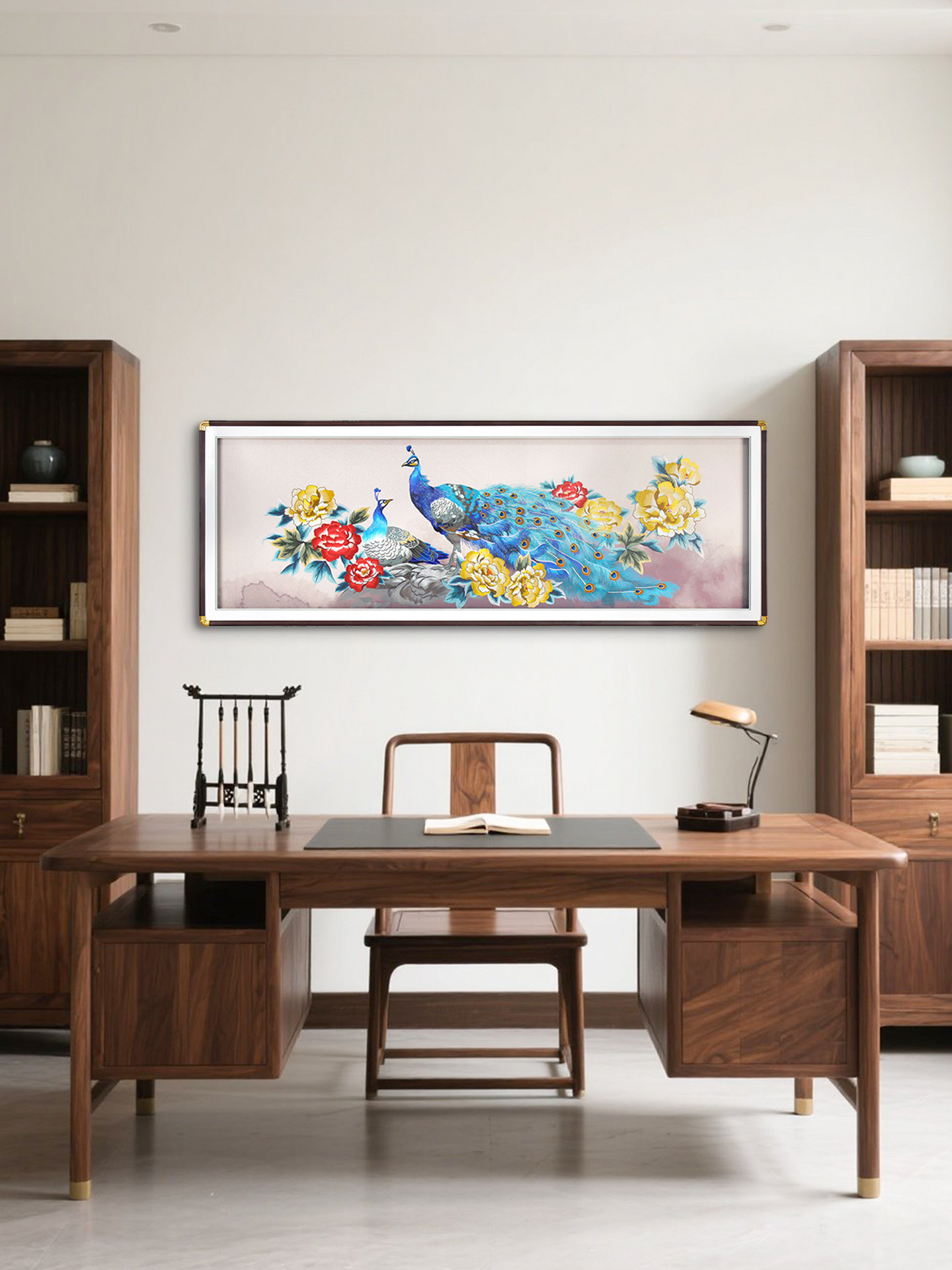 花开富贵书房挂画温馨高级感孔雀壁画轻奢非遗苏绣装饰画牡丹国画
