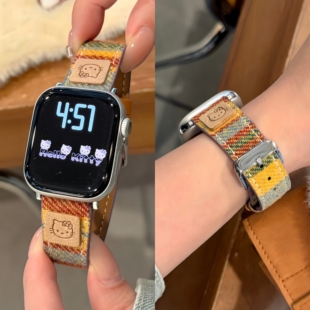 适用苹果手表iwatch10/11表带秋冬新款kitty彩虹毛呢皮质s9女款applewatchs8/7/6/se代表带ultra2/3新款腕带