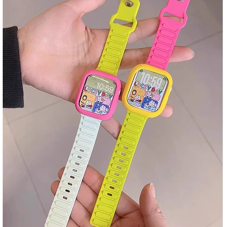 适用iwatch10代苹果applewatch表带多巴胺撞色反扣硅胶竹节新款9876腕带Ultra夏天SE运动高级SE42/46男女表链