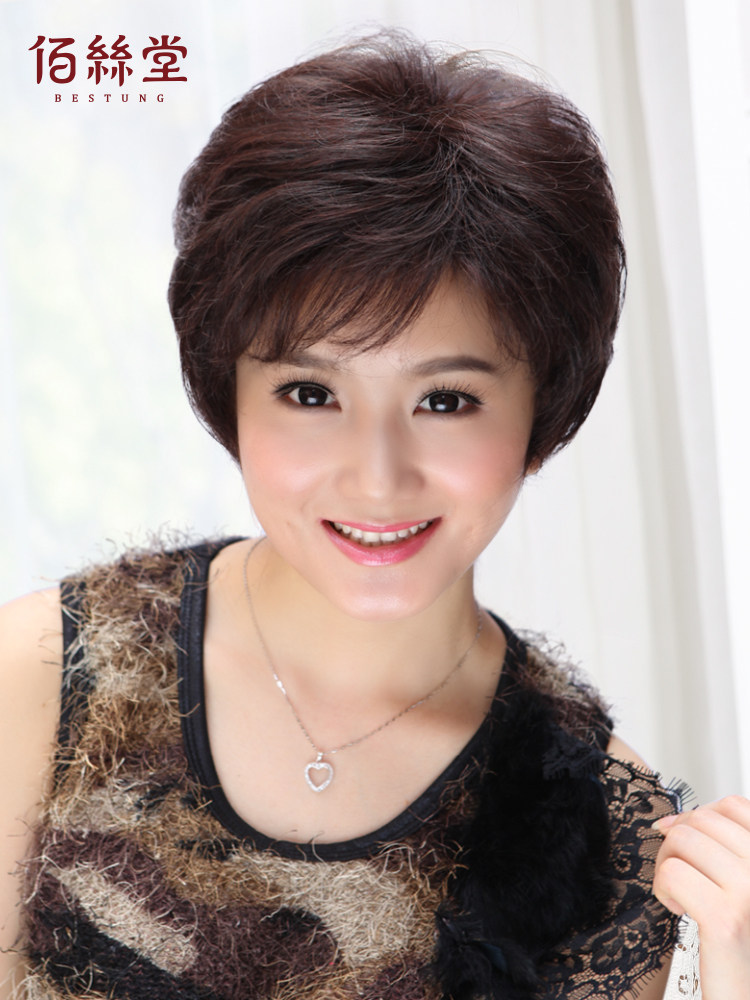 采购产品假发为妇女短发，全头带，中年和老年母亲假发，真正的头