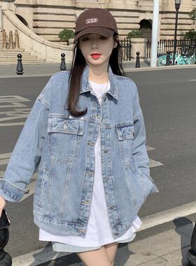 蓝色复古牛仔外套女春秋韩版大码胖mm宽松百搭ins潮外搭夹克上衣