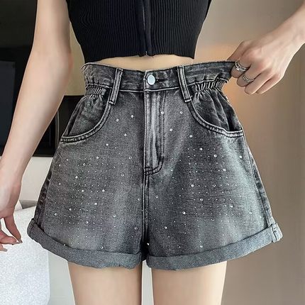 烟灰色烫钻牛仔短裤女夏季胖mm大码a字高腰设计感卷边阔腿热裤子