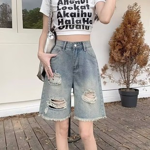 大码复古毛边破洞牛仔裤女短裤夏季中裤高腰胖mm宽松直筒五分裤子