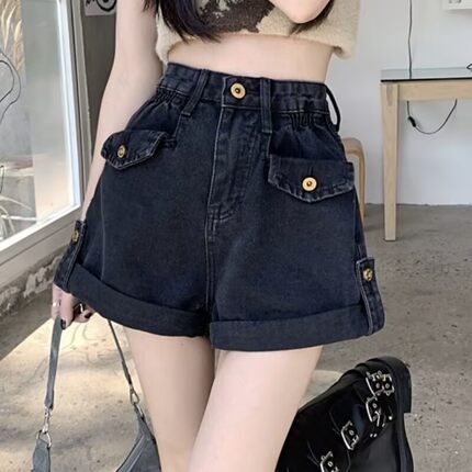 复古卷边高腰牛仔短裤女大码胖mm夏季宽松阔腿裤辣妹a字直筒热裤