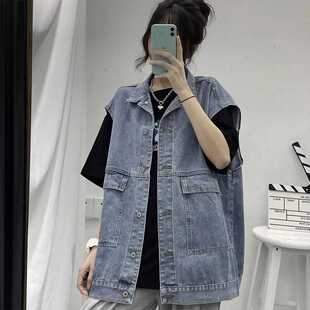 港味牛仔外套女韩版宽松学生春秋新款bf风工装坎肩学院风牛仔马甲