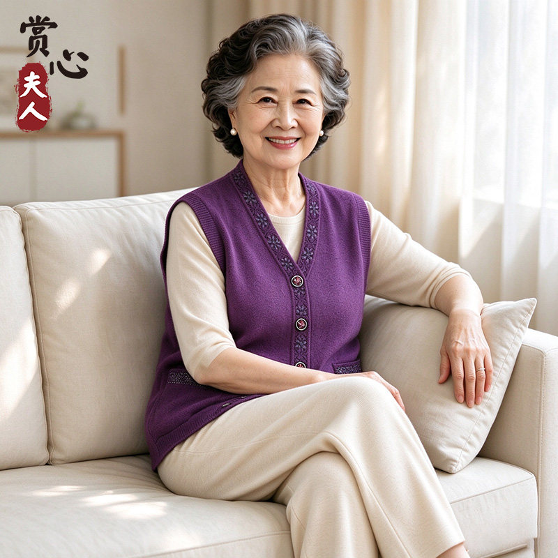 赏心夫人中老年女装马甲针织开衫