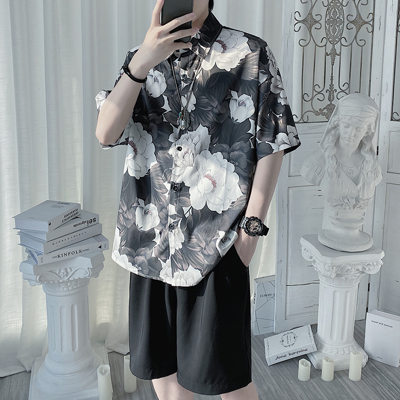 夏季花朵冰丝大码短袖衬衫男宽松胖子五分袖衬衣发型师潮牌情侣装