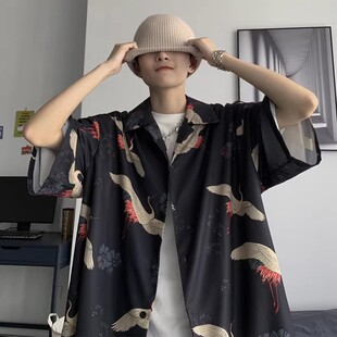 时尚ins夏季港风仙鹤大码潮流胖子衬衫男秋冬帅气高级感短袖衬衣