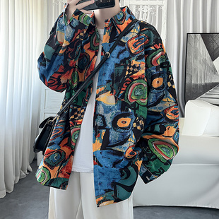 巴洛克外套潮 ins潮春秋古着艺术风衬衣胖子大码 vintage衬衫 男长袖