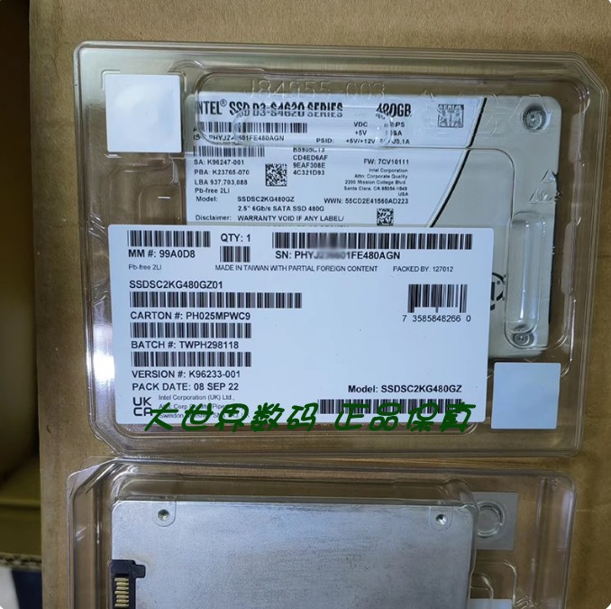全新 Intel SSD D3-S4620 480G固态硬盘SSDSC2KG480GZ01 2.5 SATA