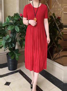 妈妈装百褶连衣裙女短袖弹力中长款裙子纯色过膝长裙夏季新款收腰