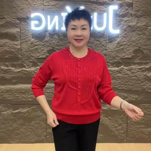 春显瘦套头休闲时尚优雅个性竖扣烫钻边圆领打底衫长袖女针织上衣