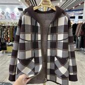 格子毛呢外套2024秋装 年轻妈妈装 连帽短款 洋气高贵气质中老年上衣