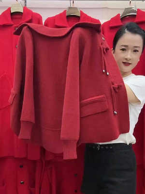 年轻妈妈装翻领短款毛呢外套秋冬新款洋气宽松呢子大衣中老年上衣