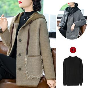 贵夫人春秋装洋气胖妈妈加大码双面羊绒大衣中老年毛呢外套连帽女
