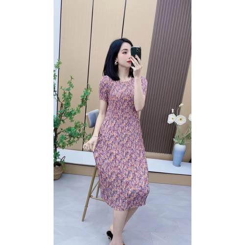 真丝褶皱连衣裙女修身显瘦短袖圆领碎花裙夏季妈妈薄款凉快减龄