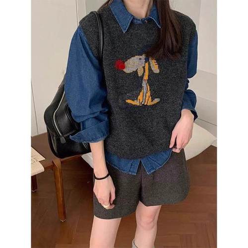 趣味小狗提花背心叠穿polo领衬衫两件套2025冬季新款女欧洲站套装