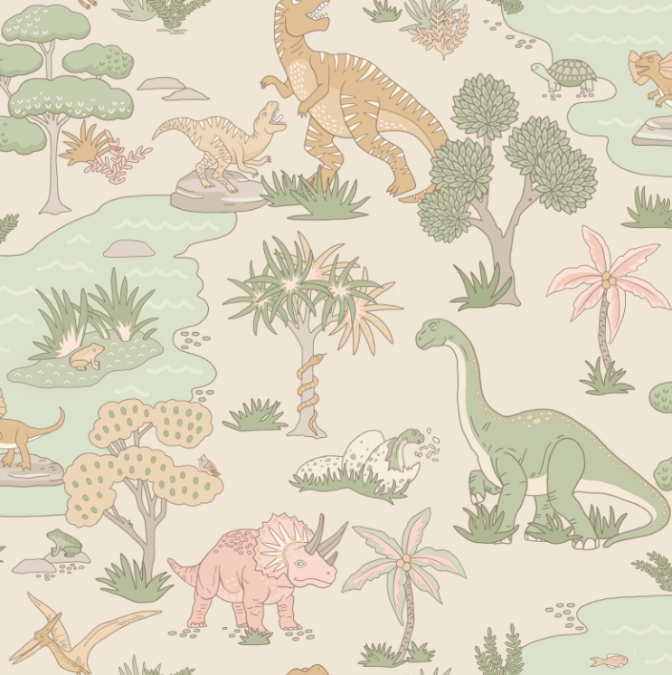 英国进口儿童房墙纸环保纯纸史前动物恐龙乐园卧室床头背景墙壁纸