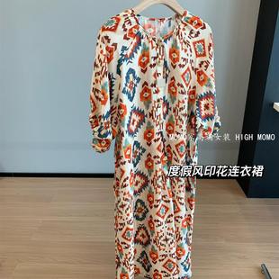 波西米亚风几何印花天丝亚麻A字半身裙海边度假连衣裙女 夏日浪漫