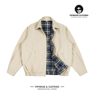 潮牌秋季复古水洗双面穿哈灵顿夹克通勤工装休闲格子秋天外套男款