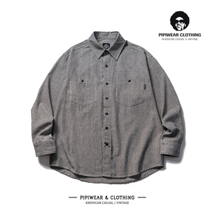 2025秋天条纹美式复古男士衬衫街头潮牌休闲衬衣秋季宽松慵懒寸衫