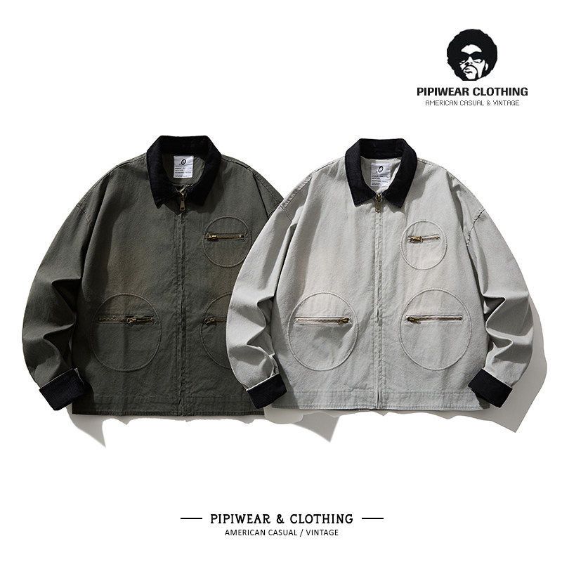 春季美式复古撞色翻领重磅男士短款夹克春天水洗工装圆形口袋外套