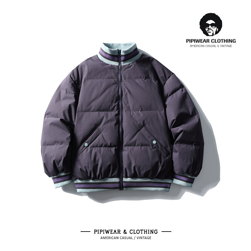 冬季美式休闲撞色立领短款羽绒服男冬天拼接罗纹下摆保暖抗寒外套