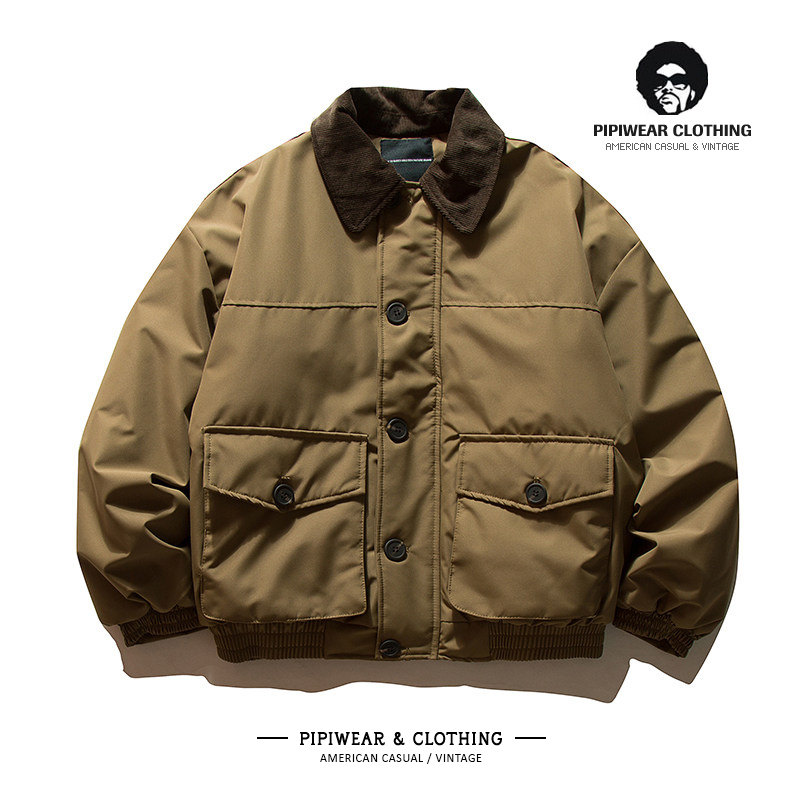 日系复古冬天撞色翻领棉衣外套工装男士冬季高级感棉服百搭棉袄潮