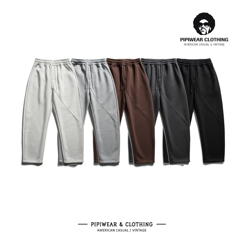 日系复古浅灰色卫裤450g重磅休闲裤宽松弯刀裤子男百搭长裤男裤潮