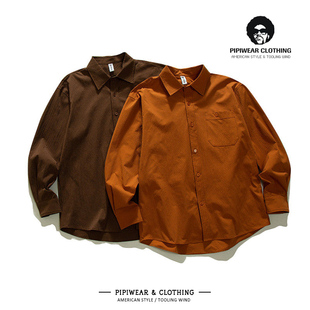 2026春天日系复古衬衣暗格纹桔红色春季新款衬衫百搭宽松长袖寸衫