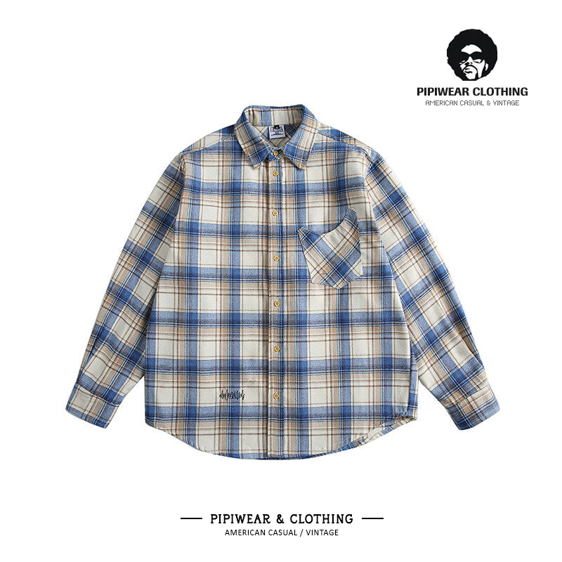 日系复古长袖蓝白格子衬衫男款