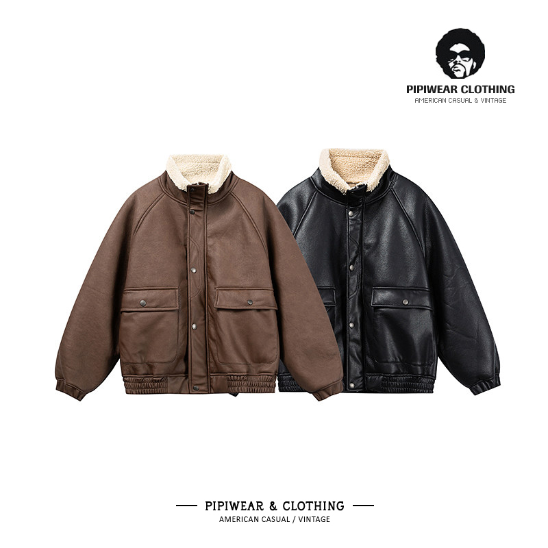 PU皮棉衣外套大口袋立领工装棉服