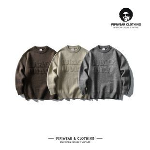 秋冬季美式复古字母毛衣男高级感痞帅圆领线衫早秋休闲百搭针织衫