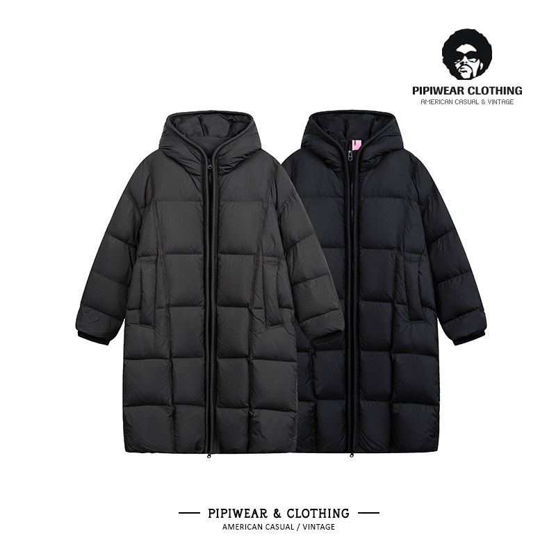 高充绒量过膝连帽长款羽绒服保暖