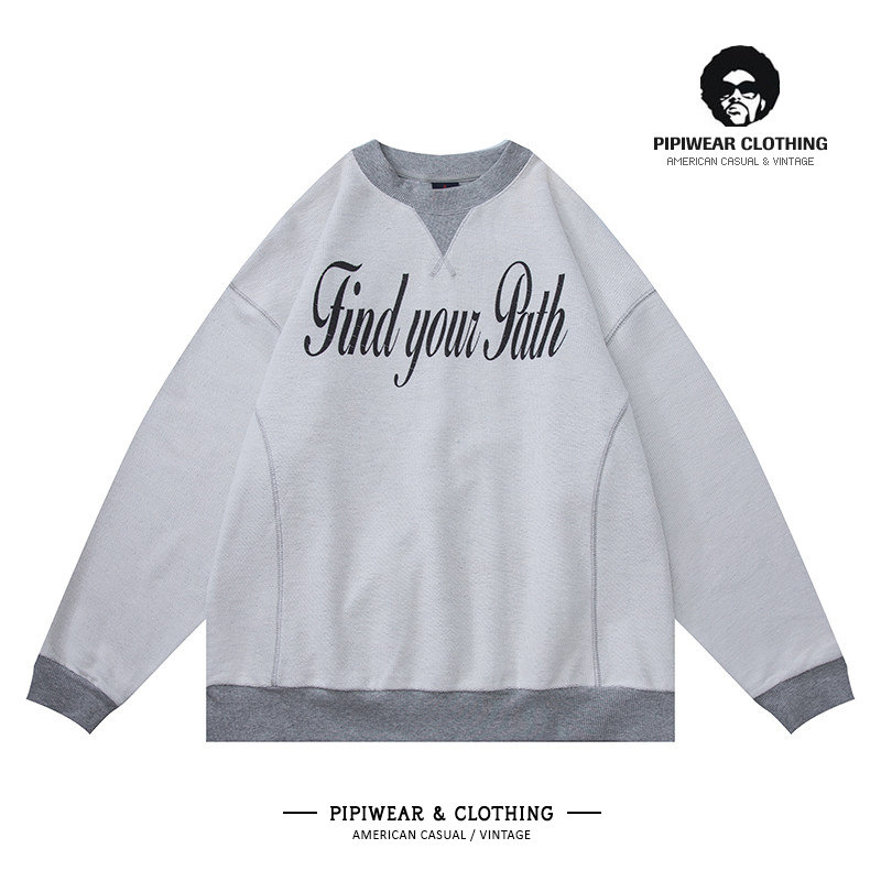 秋天新款500克重磅反底英文印花卫衣男款美式高街秋季圆领套头衫