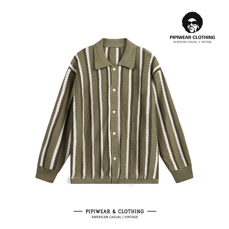 秋冬季复古条纹纽扣开衫翻领毛衣男士早秋慵懒百搭针织衫宽松线衫