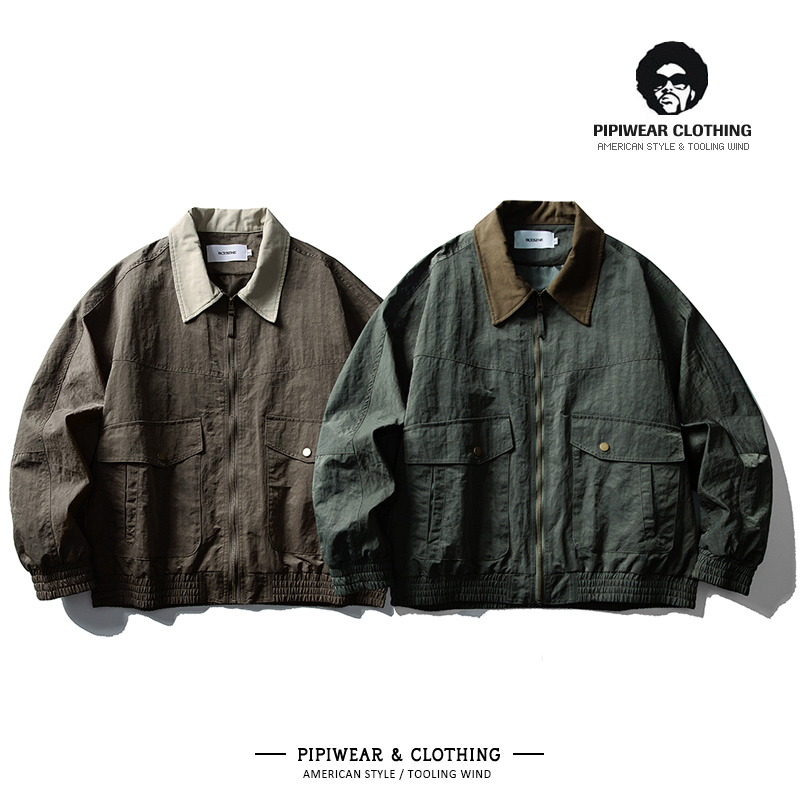 撞色拼接翻领工装夹克大口袋外套