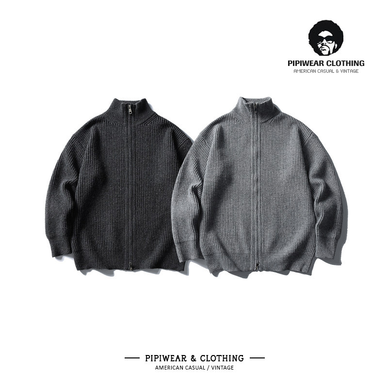 早秋韩系粗线重磅拉链开衫男针织衫高级感立领毛衣秋冬季休闲线衫