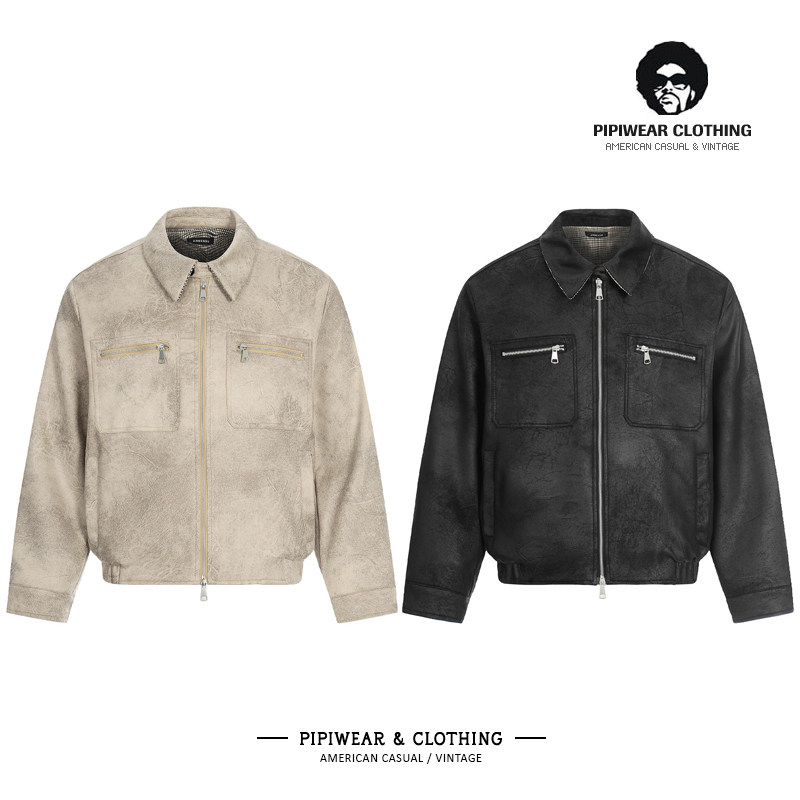 春天复古脏染做旧翻领机车男士外套潮帅气时髦多口袋春季工装夹克