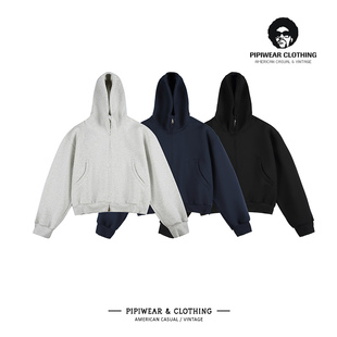 高街美式秋冬季连帽拉链开衫卫衣男纯色上衣情侣休闲百搭短款外套